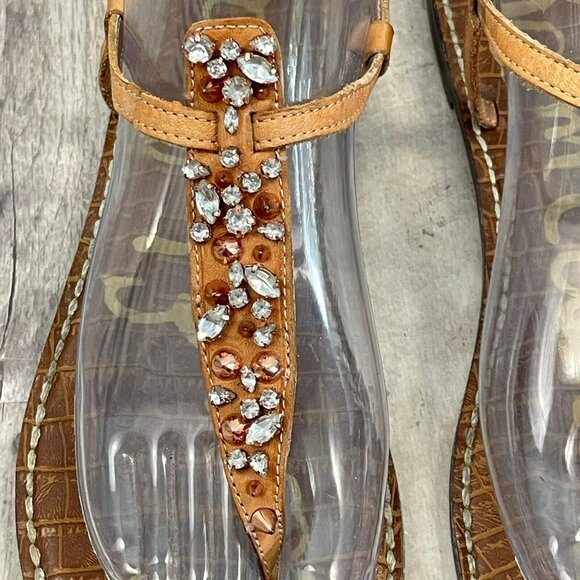Sam Edelman Rhinestone Studded Gwyneth T Strap Thong Sandal Tan Flats Sz 8.5 - Picture 4 of 10
